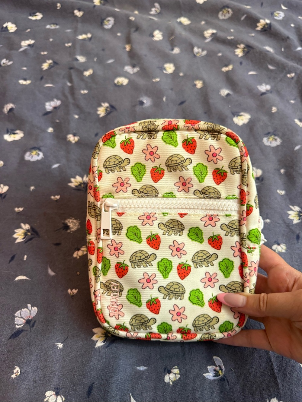 Cream Printed Mini Crossbody Bag with Turtles & Strawberries
